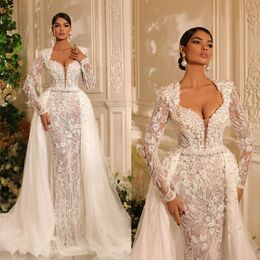 Elegant Pearls Wedding Dresses Lace Appliques Bridal Gown Custom Made Embroidery with Detachable Train Wedding Gowns