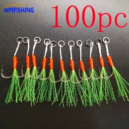 Fishing Hooks 100pcsLot Assist Hook Fishing Lure Fish Cast Jigs Barbed Single Jig Hooks Thread Feather Pesca Carbon Steel Peche Slow Jigging 230320