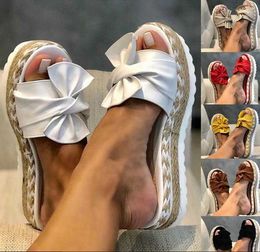 Slippers Slippers Women Slides Bow Summer Sandals Bow-Knot Slippers Thick Soles Flat Platform Female Floral Beach Shoes Flip Flop Z0317