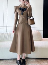 Two Piece Dress Elegant 2 Piece Dress Set Woman Long Sleeve Crop Tops Slim Casual Pure Colour Midi Skirt Retro Autumn Korean Suit Female 230320