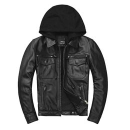 Motorcycle Leather Jacket ,Men Black Genuine Lambskin Leather Biker Jacket , Waterproof Windbreakers Cotton Padded ,Tick Warm Tops Hooded For Autumn Winter