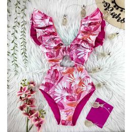 Swim wear Print Swimwear Deep V-neck Ruffle Swimsuit Push Up Swimsuit Beach Wear Backless Monokini 230317