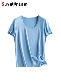 Women's T-Shirt SuyaDream Women T shirts Silk Linen Cotton Solid U Neck Short Sleeved Cozy Tees Spring Summer Simple Top Blue White 230320
