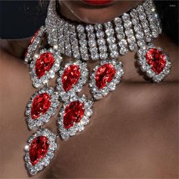 Chains Vintage Fashion Red Big Gem Pendant Necklace Ladies Wedding Dinner Super Sparkling Crystal Fine Jewelry Accessories