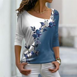 Women's TShirt Elegant Vneck Floral Print Tees 2023 Autumn Winter Long Sleeves Tops Daily Casual Sweet Style Female Streetwear 230317