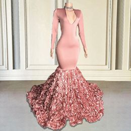 Bean Pink Mermaid Celebrity Prom Dress 2023 V Neck Long Sleeves 3D FLowers Lace Women Evening Formal Party Gowns African Girl Robe De Soiree