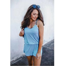 Women's Jumpsuits & Rompers Women Summer Casual Blue Loose 2023 Sleeveless V-Neck Strap JumpsuitsWomen's