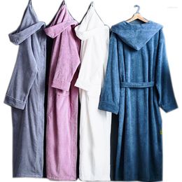 Women's Sleepwear Autumn Winter Thick Pure Cotton Plain Color Bathrobes Robes Unisex Long-sleeve Absorbent Terry Bathrobe Hooded Pijamas