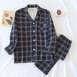 Men's Sleepwear Japanese spring and autumn men's 100% cotton crepe plaid Pyjamas long-sleeved trousers two-piece large size home service set 230320