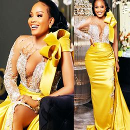 Arabic Aso Ebi Yellow Sheath Prom Dresses Lace Beaded Crystals Evening Formal Party Second Reception Birthday Engagement Bridesmaid Gowns Dress Zj1134 407