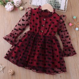 Girl's Dresses Humor Bear Girl Long Sleeve Dress Spring Summer Mesh Yarn Heart Printed Princess Party Dress Kid Clothes For 2-6Y 230320