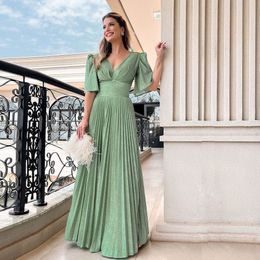 Sage A Line Shiny Bridesmaid Dresses V Neck Short Sleeve Formal Evening Gown Pleat Skirt Floor Length Womens Maxi Dress 2023 326 326