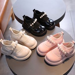 Sneakers Little Baby Girls Artificial PU Princess Shoes Fashion Pearl Knit Stitching Slipon Flat for Toddler 230317