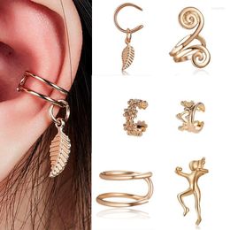 Backs Earrings Rose Gold Color No Pierced Ear Clip Cuff Wrap Leaf Feather Pendant Non-piercing Party Jewelry