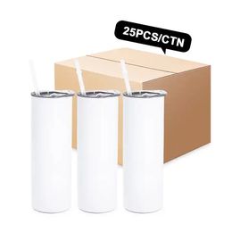 USA Warehouse Mugs 25pc/box 20oz Blanks White Sublimation Mugs Water Bottle Drinkware Stainless Steel Tumblers With Plastic Straw And Lid tt0320