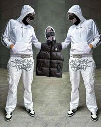Men's Pants White vintage multipocket cargo fashion men's high street drawstring elastic y2k pants men 230317