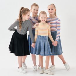 Family Matching Outfits kids girl spring summer strechy striped half zipper tee with casual skirts Mom daughter fashion sporty family matching clothing 230317