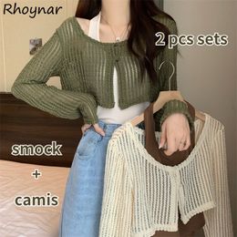 Womens Two Piece Pants Korean 2 Piece Sets Women Sexy Vintage Hollow Out Smock Halter Camis Two Outfits Young Fashion Girls Ins Y2k Autumn 230320