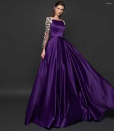 Party Dresses Fashionvane Purple Satin Prom Bateau Neck Handmade Flowers Long Sleeves Evening Dress Buttons Back Bride Wear Gowns