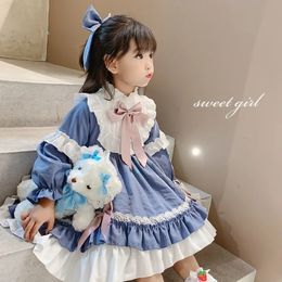 Girl's Dresses Spring Summer Toddler Girls' Skirts Lolita Style Blue Bow Pleated Dresss Baby Dress Princess Dress for Girls for 2-7Years 230320