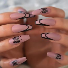 False Nails Purple Colour Artificial Ballerina Nail Art Tips Long Matte Black Border Fake With Butterfly Pattern