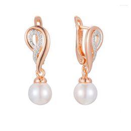 Dangle Earrings FJ Women 585 Rose Gold Color Imitation Pearl Mixed White Drop Cubic Zircon