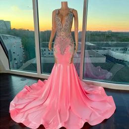 Luxury Pink Long Prom Dresses For Black Girls Beads Crystal Birthday Party Mermaid Evening Dress Robe De Bal Custom Made