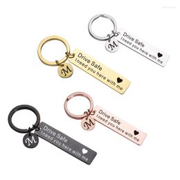 Keychains 2pcs/lot Drive Safe Keychain Stainless Steel Rectangle Bar Keychian With Letter M Initials Customised Gift Keyring