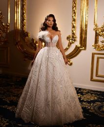 Sparkly Ball Gown Wedding Dresses V Neck Sleeveless Feather Sequins Appliques Diamonds Beaded Floor Length Ruffles Lace-up Bridal Gowns Plus Size Vestido de novia