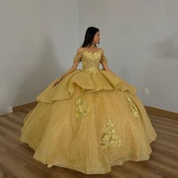 Gold Shiny Sequined Quinceanera Dresses Off Shoulder 3DFloral Appliques Lace Corset For Sweet 15 Girls Party Gowns