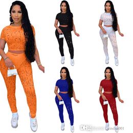 2023 Designer Tracksuits For Women Two Piece Pants Set Summer Sexy Holed Crew Neck Short Sleeve Crop Top And Leggings Sport Outfit