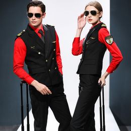 Women's Two Piece Pants Custom Fashion Design Air Pilot Stewardess Hostess Cabin Crew Flight Attendant Airline Uniforms Waistcoat Shirt Pants Suit