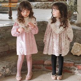 Girl's Dresses Autumn Winter Cute Kids Baby Girl Lace Velvet Dress Girl Pure Colour Long Sleeve Dress Baby Girl born Clothes Dress 230320