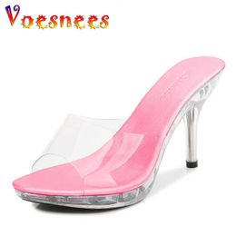 Slippers New Outdoor Transparent Crystal Summer Sandals Women's Slippers 9cm Beach Ladies Clear High Heels Sexy Women Shoes Black Silver Z0317