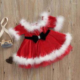 Girl Dresses Christmas Kids Girls Fleece Dress O-Neck Long-Sleeve Off Shoulder High-Waist Skirt With Fur Hem Party Pageant Santa 1-7Y