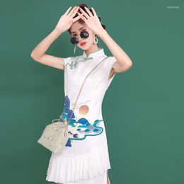 Ethnic Clothing Summer Chinese Style Improved Plate Buckle Cheongsam Short-sleeved Fold Slit Literary Daily Girl Printing Slim White Dress