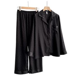 Women's Sleepwear Pyjamas Women's Spring and Summer Black Leopard Loose Print Silk Sleepwear for Women Long-sleeved Two-piece Satin Pyjama Set 230317