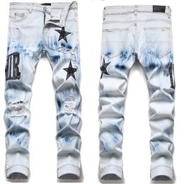 Mens jeans designer jeans for mens letter star men perforated embroidery patchwork ripped trend brand motorcycle pant mens skinny fashion elastic slim fit pants