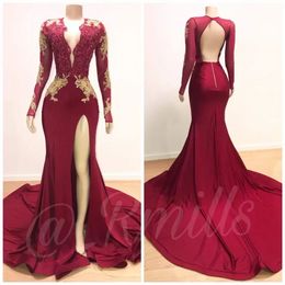 Burgundy Red Long Sleeves Mermaid Prom Dresses Plus Size Gold Lace Appliques High Split African Arabic Girls Formal Evening Party Gowns BC0534