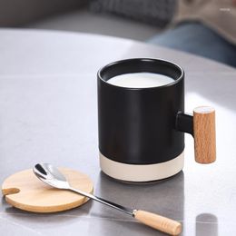 Mugs 360ml Wooden Handle Mug Ceramic Coffee Cup With Lid Spoon Tea Cups Personalised Gift Original Breakfast Drinkware Cute
