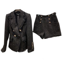 Women's Two Piece Pants Womens Two Piece Pants Fall Winter Turn Down Collar Double Breasted Metal Buttons Slim Blazer Tweed Shorts Set Women GC658 230320 PXX7