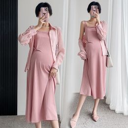 Maternity Dresses 1008 Summer Vest Dress Blouse Sets Spring Fashion Sweet Elegant A Line Clothes for Pregnant Women Pregnancy Clothing 230320