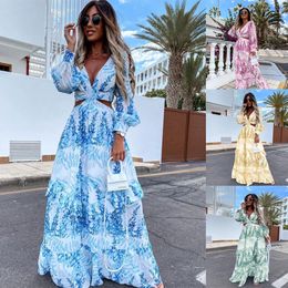 Casual Dresses Women Tunic Beach Cover Up Summer Sexy V-Neck Backless Hollow Out Lantern Sleeve Maxi Dress Female Club Party Long Dresses 230317