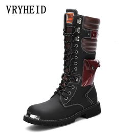 Boots VRYHEID Men's Leather Motorcycle High Top Midcalf Military Combat Punk Rock Victorian Clothing Shoes Big Size 38 230320