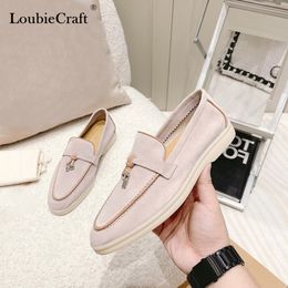 Dress Shoes Summer Walk Women Flats Nude Pink Suede Leather Piping Men Moccasin Metal Lock Slip On Lazy Loafers Slippers Causal Mules 230320