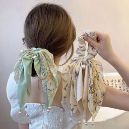 Womens Bow Hair Rope Chiffon Floral Print Sweet Elastic Hair Band Ponytail Holder Gum for Women Hair Accessories