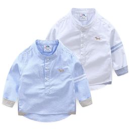 Kids Shirts Spring Autumn 2 3 4 6 8 10 Years Children Solid Colour Cotton Mandarin Collar Dog Long Sleeve White Shirt For Baby Kids Boys 230321