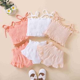 Clothing Sets Infant Baby Girls TwoPiece Clothes Outfit TieUp Spaghetti Strap Sleeveless Ruched Solid Color Tank Tops Shorts Z0321