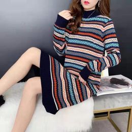 Casual Dresses Autumn And Winter Fashion Women Middle Long Stripe Knee Length Wool Dress Female Loose Long Sleeve Hooded Pullover Knitted 230321