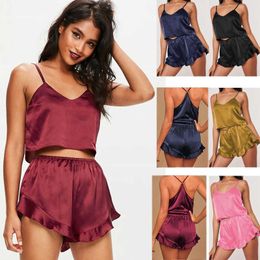 Women's Tracksuits 2021 Summer New Fashion Sexy Solid Spaghetti Straps V Neck Sleeveless Backless Crop Tops Elastic Waist Shorts Lady Loose P230307